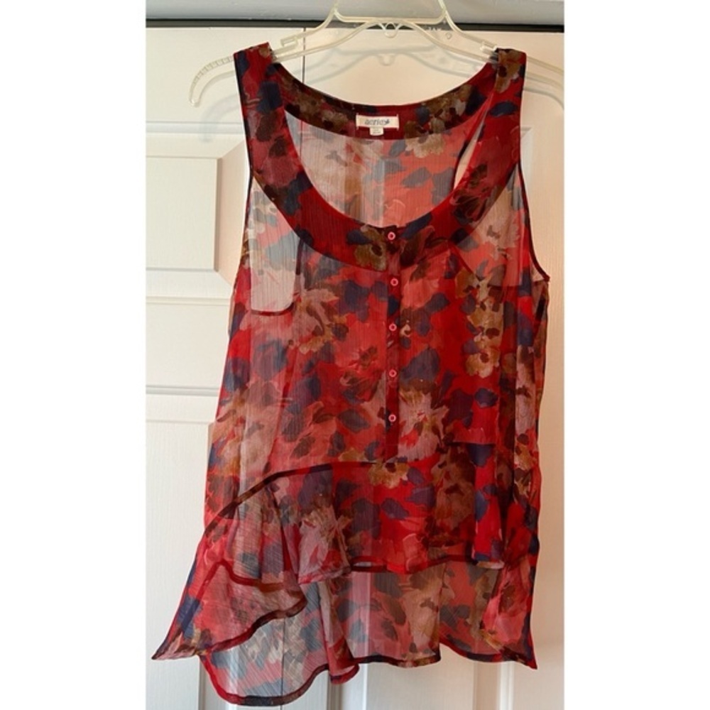 Aerie Red Floral Sheer Inset Neckline Sleeveless Tiered Hem LNWOT Sz M #843